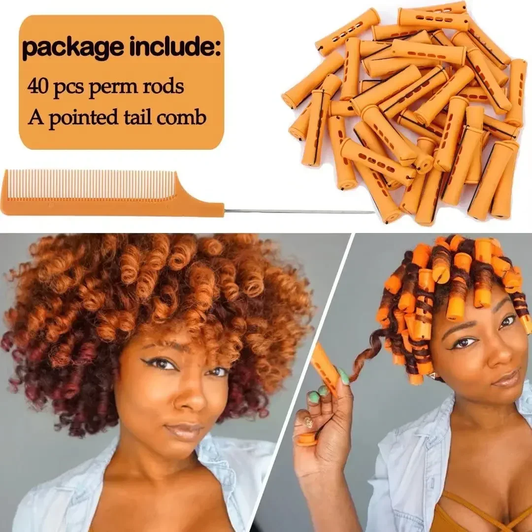 40pcs Cold Wave Perm Rods Set For Women\'s Long & Short Natural Hair - Plastic Orange Rollers For Curling And DIY Hairdressing