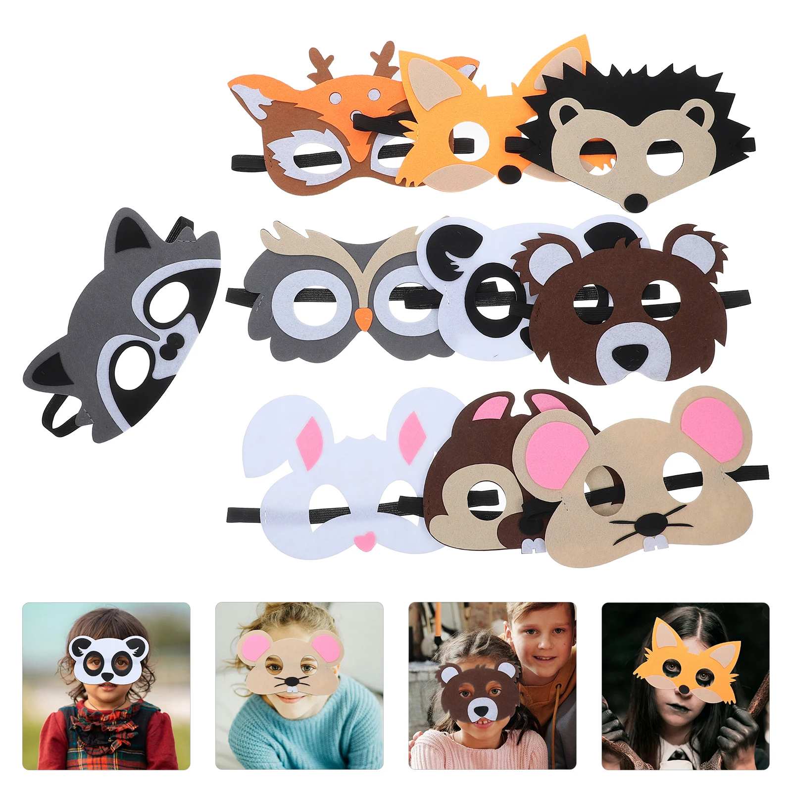 

10 pcs Animal Felt Masks Jungle Cartoon Face Mask Set For Halloween Birthday Party Costume Deer Hedgehog Panda Fox Owl Rabbit