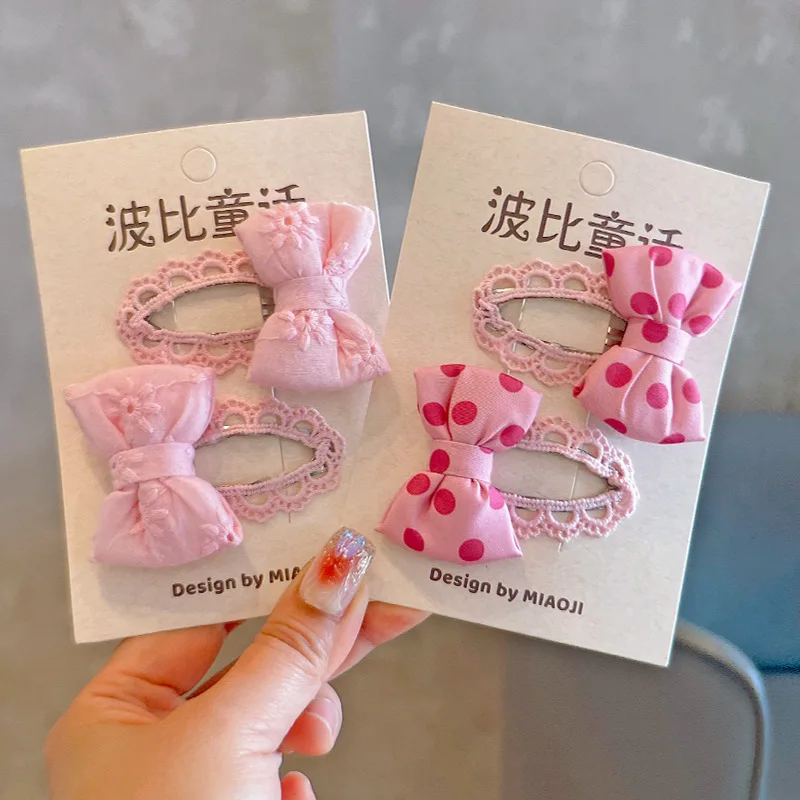 

2026 New Pink Polka Dot Padded Bow Hair Clips & Ties for Girls Cute Bangs BB Clips Elastic Hair Ropes Kids Hair Accessories