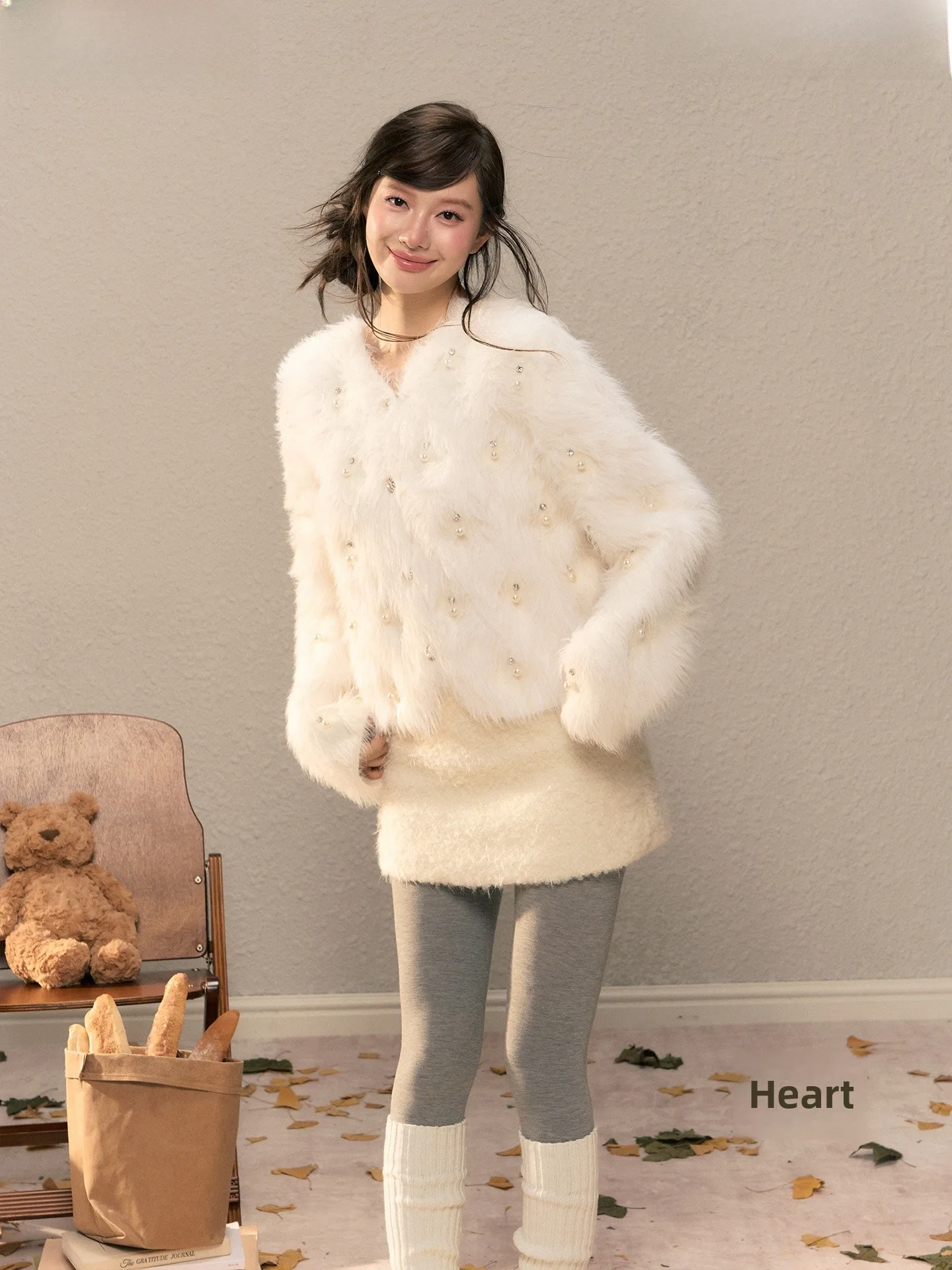 

H2AN STUDIO, оригинальный дизайн, экологически чистый вязаный кардиган из искусственного меха с жемчужными пуговицами, свитер, верхняя одежда, длинный свек, круглый Ne