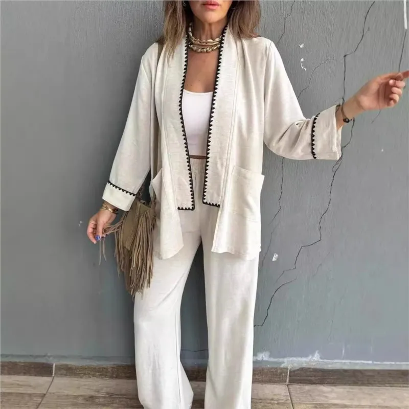 Women's Two Piece Set New Fashion Solid Pockets Loose Cardigan Jacket + High Waist Wide Leg Long Pants Sets Women Vintage Suits