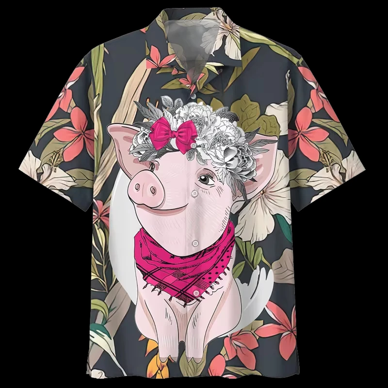 Cartoon Pig Pattern Hawaiian Shirt For Men 3D Printed Animals Short Sleeves Summer Lapel Oversized Shirts Street Button Blouses