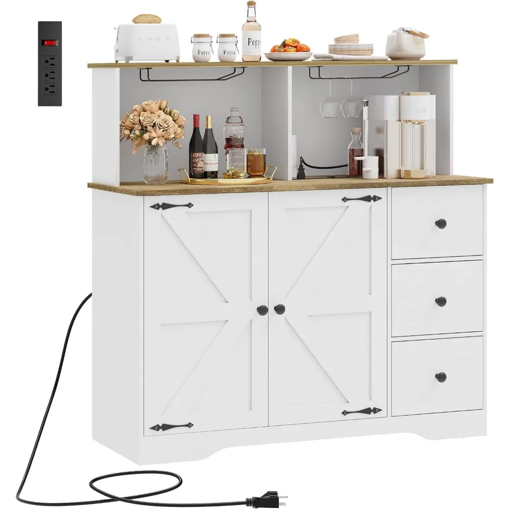 Kitchen Coffee Bar Cabinet with Power Outlet, Wine and Glass Rack & Adjustable Shelves, Easy Assembly Kitchen Cabinets