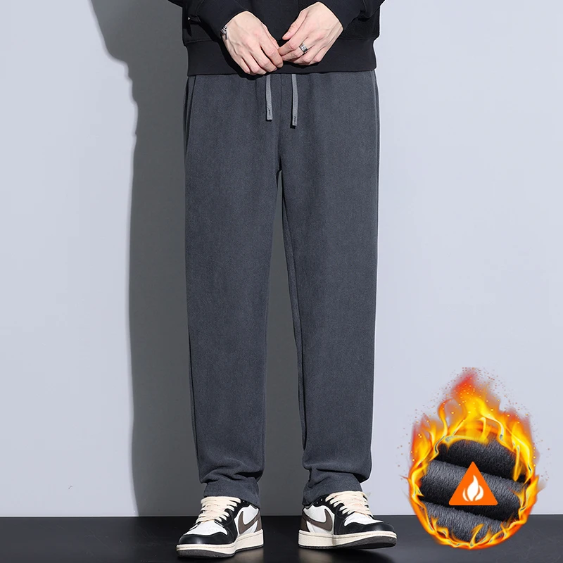 New Winter Fleece Warm Corduroy Pants Men Outdoors Thicken Velvet Flocking Plush Korea Casual Trousers Male Plus Size M-5XL