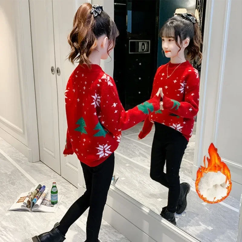 Girls Sweater Plucked 2023 Autumn Winter New Children's Thickened Fashion Christmas Sweater Girl Winter Kids 7 8 10 11 12 Years