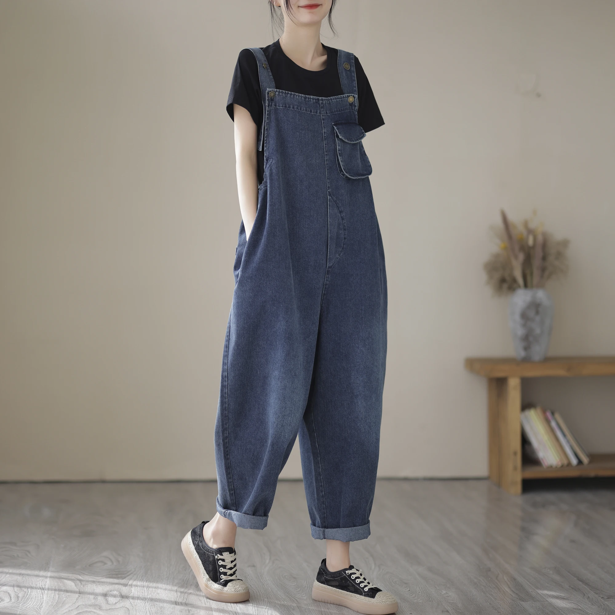 Overall Denim Longgar Modis Wanita Musim Semi Musim Panas Celana Tujuh Inci Pinggang Tinggi Gaya Korea Pengurang Usia Ukuran Kecil