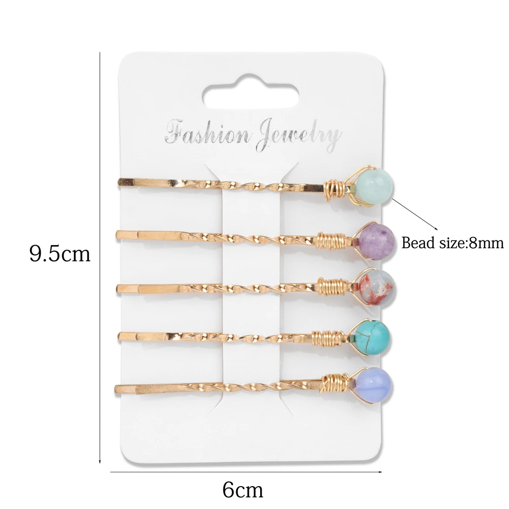 5pcs/set Natural Stone Round Beads Hair Clips Colorful Cat Eye Opal Pearl Crystal Beads Hairpins For Women Girl Hair Accessories