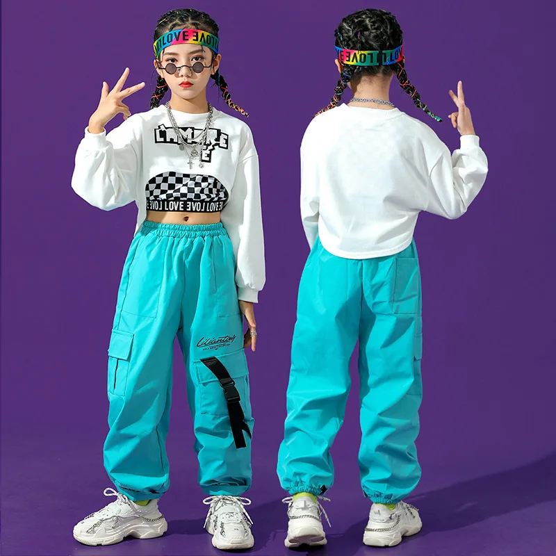 Hip Hop Meninas Coloridas Calças de Carga Crop Top Criança Streetwear Cheerleader Solid Joggers Crianças Jazz Street Dance Stage Clothes Sets