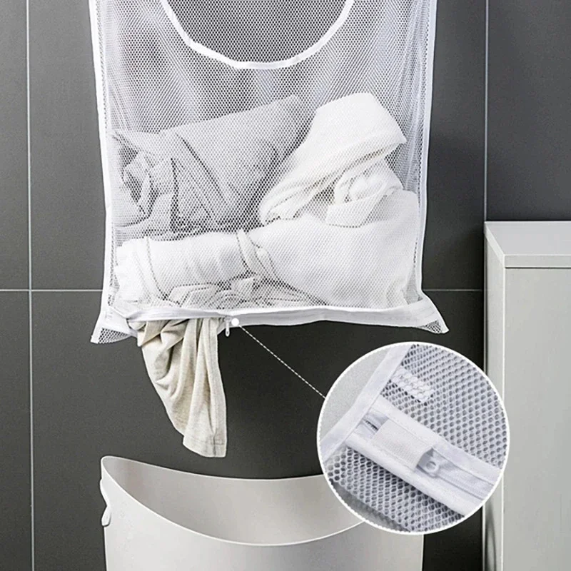 Dirty Clothes  Bag Basket Frame Bucket Foldable Mesh Laundry Bathroom Wall Hanging Household Clothing Organizer with Hook Hamper