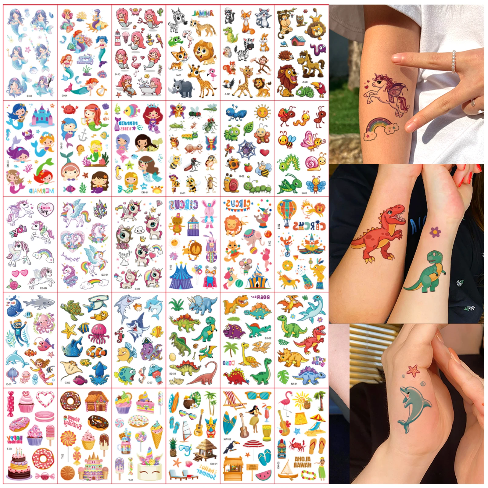 

30pcs Colorful Cartoon Merimaid Fairy Fake Tattoos for Girls Cute Animal Cake Design Temporary Tattoo Stickers Kids Party Decor