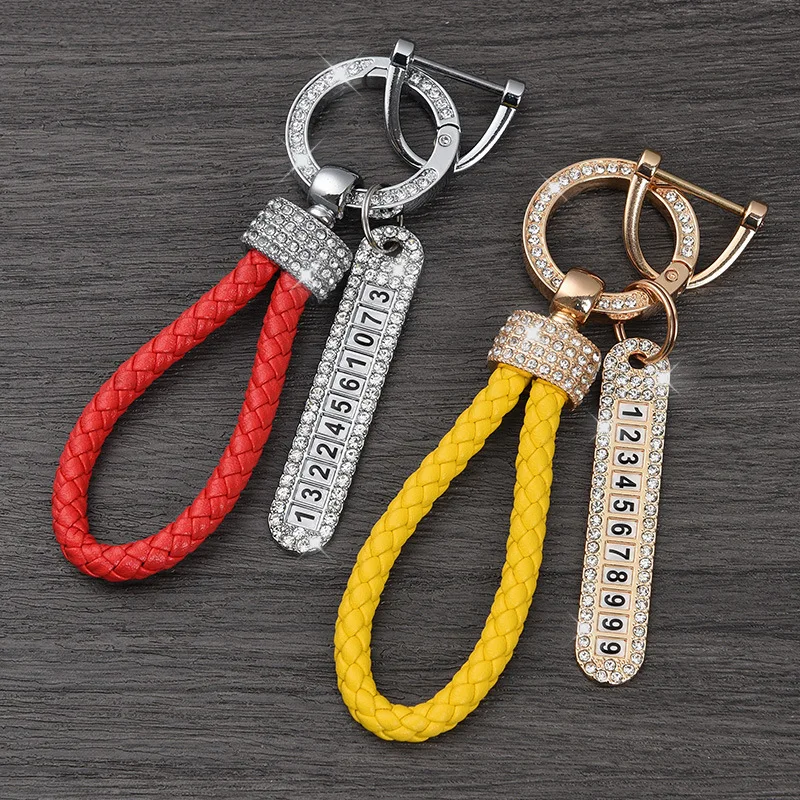 Crystal Anti-lost Luxury Leather Keychain Women Men Buckle Car Key Ring Chain Holder Phone Number Tag Keyfob Jewelry