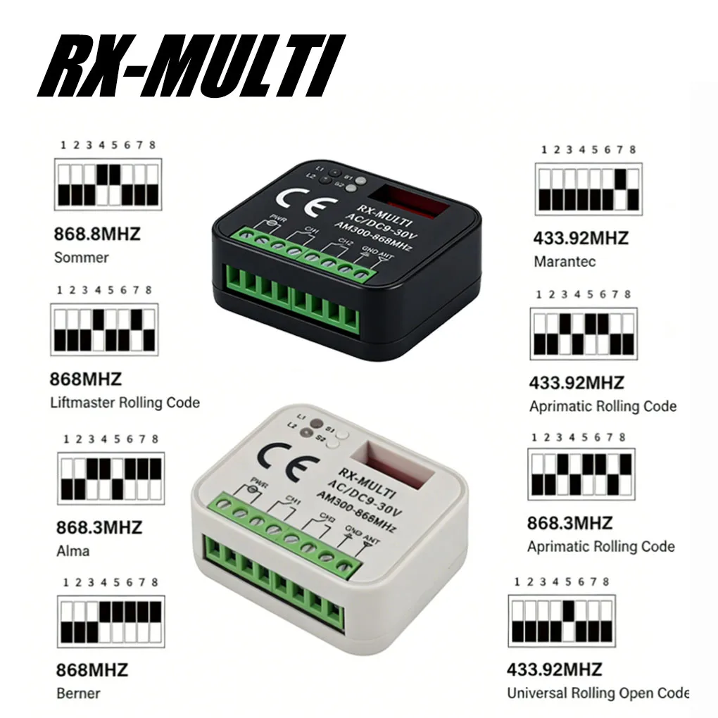 Multifrequency Receiver, 300MHz-868MHz, 300MHz, 310MHz, 315MHz, 318MHz, 390MHz, 433.4MHz, 433MHz, 433.92MHz, Controls Any Gate A