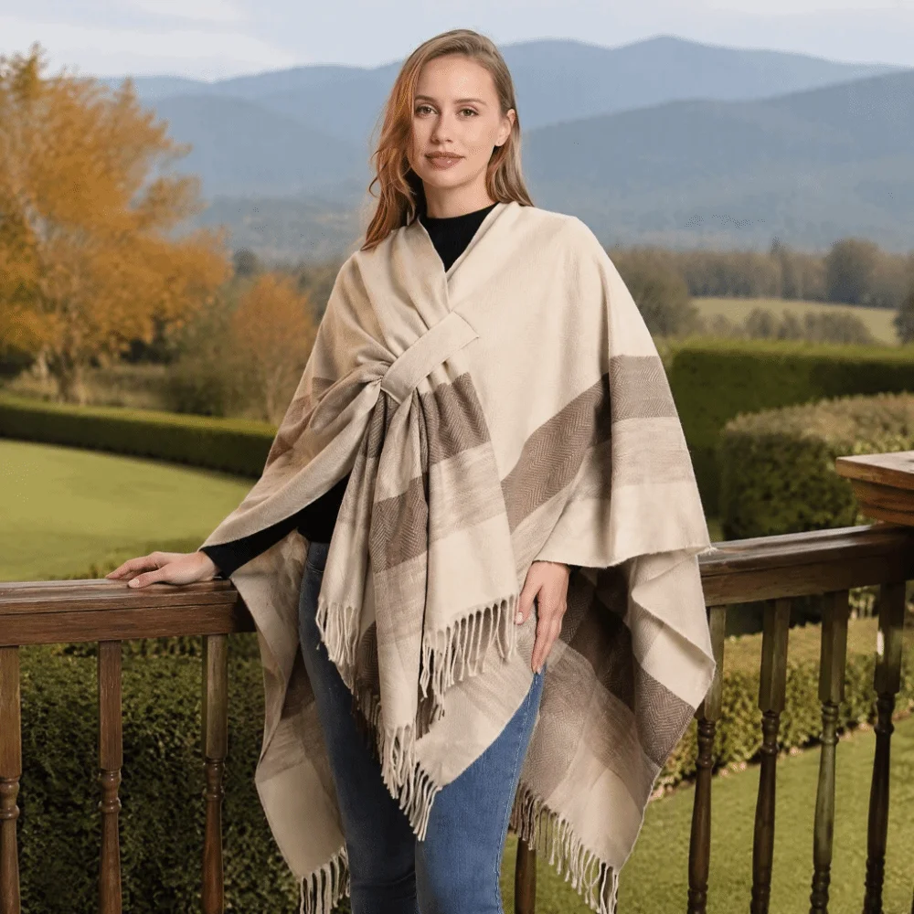 Versatile Imitation Cashmere Plaid Patterned Shawl Tassel Open Front Soft Wrap Scarf Elegant Frayed Edge Warm Cloak Casual Wear