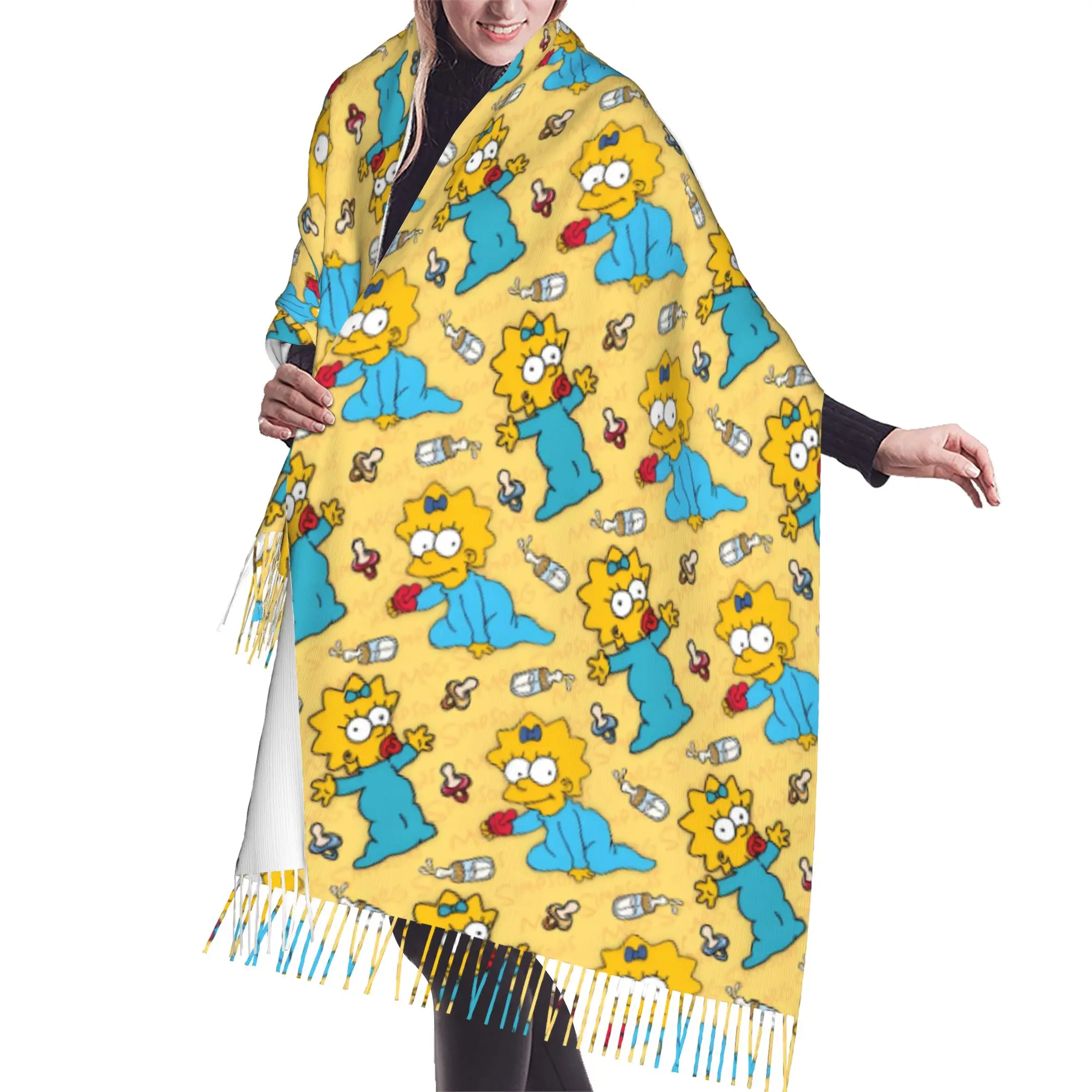 Custom Ladies Long S-Simpsonsed Anime Scarves Women Winter Fall Soft Warm Tassel Shawl Wraps Homer Cartoon Scarf