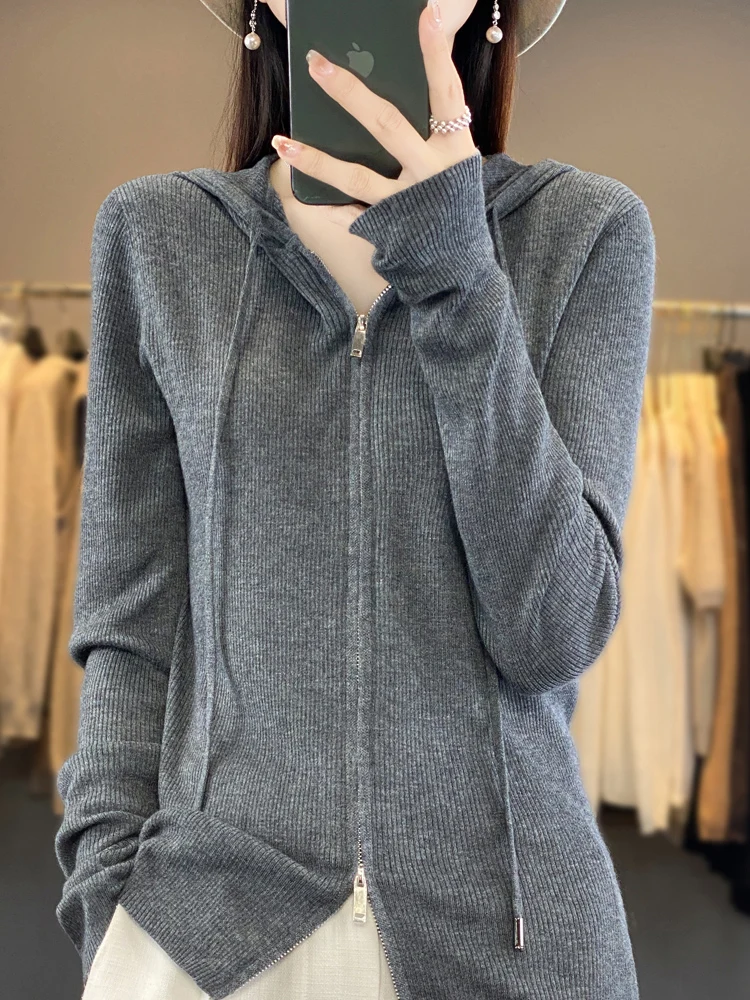 

Classic Worsted Merino Wool Women Sweater Spring Autumn Hooded Knitted Cardigan Solid Long Sleeve Clothing Tops Slim Outerwears