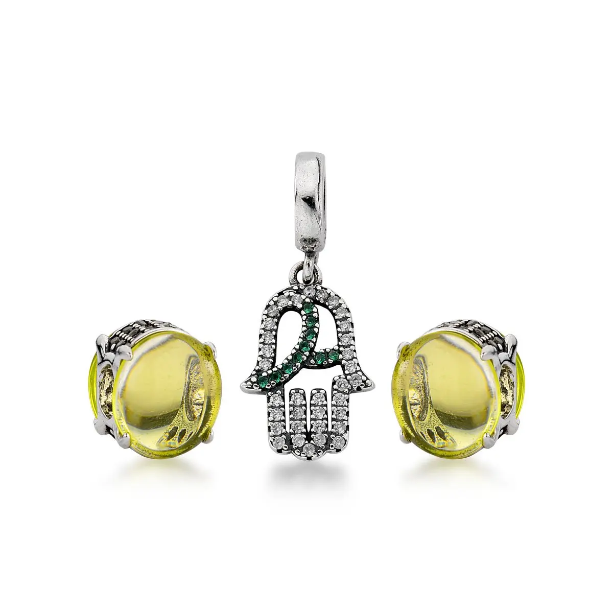 Hand of Fatima studded Berloks Kit + 2 Green Spacers in 925 Silver