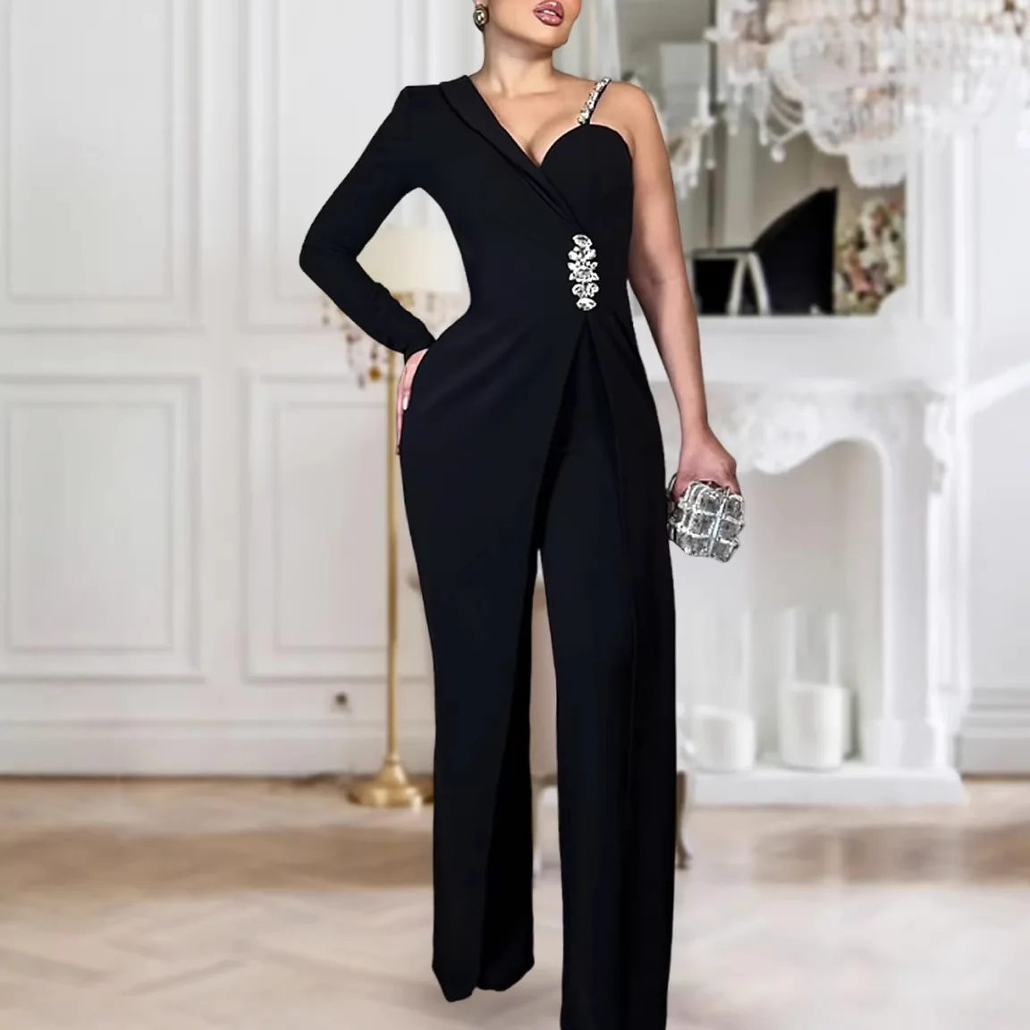 

2026 New Style Black One-Shoulder Asymmetrical Long-Sleeve Jumpsuit with Waist Rhinestone Accessories