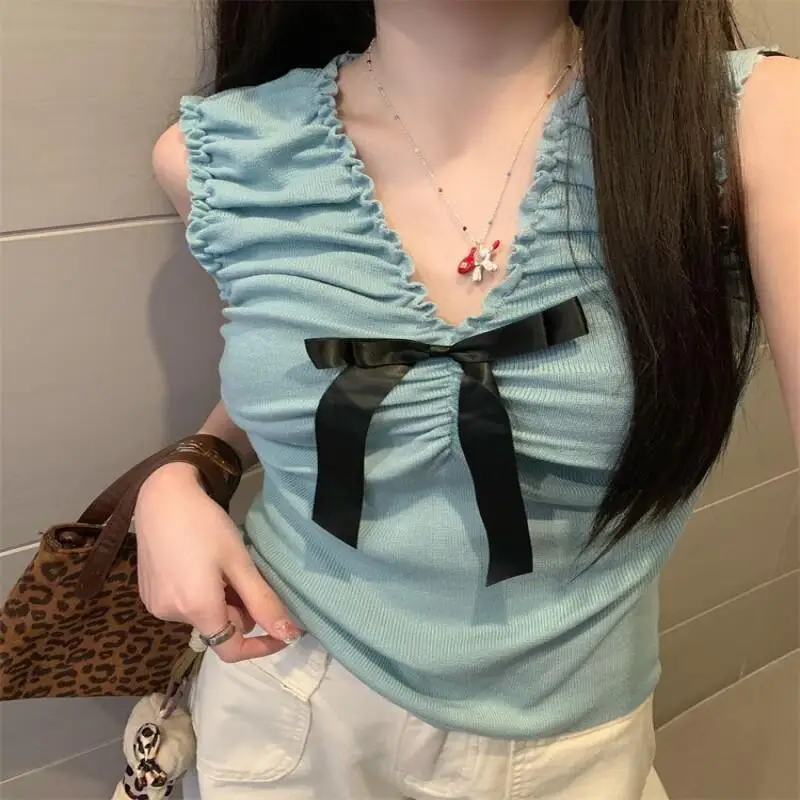 Französisch Stil Leibchen Frauen Bogen Ärmellose Blaue Weste Leibchen Süße Frühling und Sommer Oberbekleidung Hause Tragen Schlafsaal Leibchen