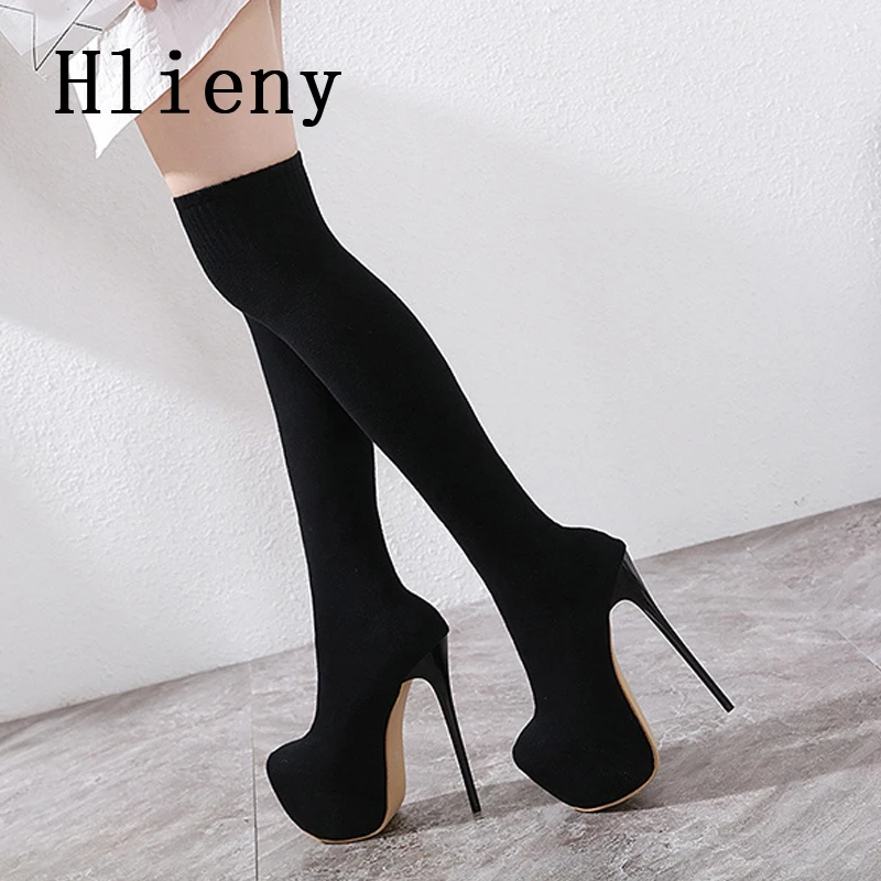 Hlieny Fashion Platform Woman Over Knee Winter Boot Womens Black Knitting Round Toe Thigh High Long Socks Lady Shoes Size 35-42