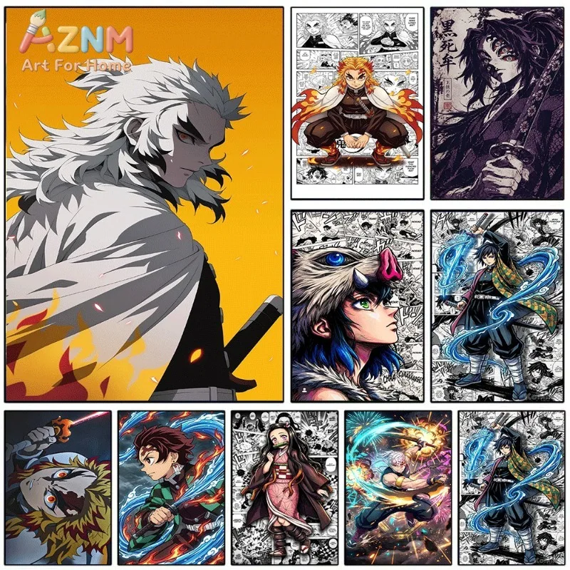 Demon Slayer Anime Canvas Wall Art Rengoku Kokushibo Inosuke Giyuu Tanjiro Nezuko Manga Poster Unframed Canvas Painting Home Bed