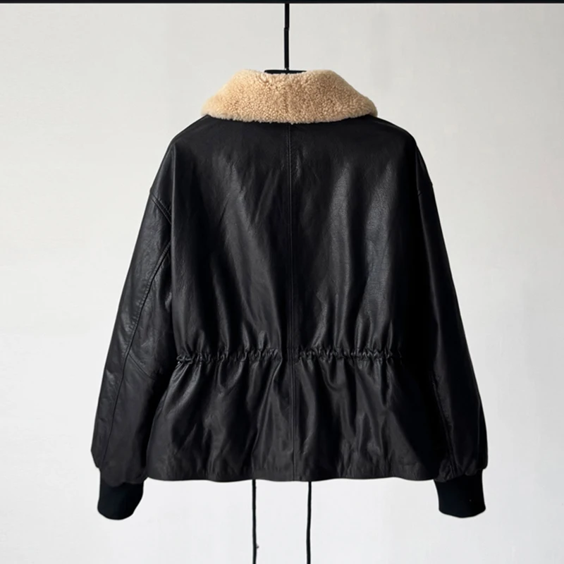 2025 겨울 여성용 리얼 레더 다운 재킷 코트, 패션 숏 양털 칼라 슬림 웨이스트 왁스드 소가죽 따뜻한 재킷 탑