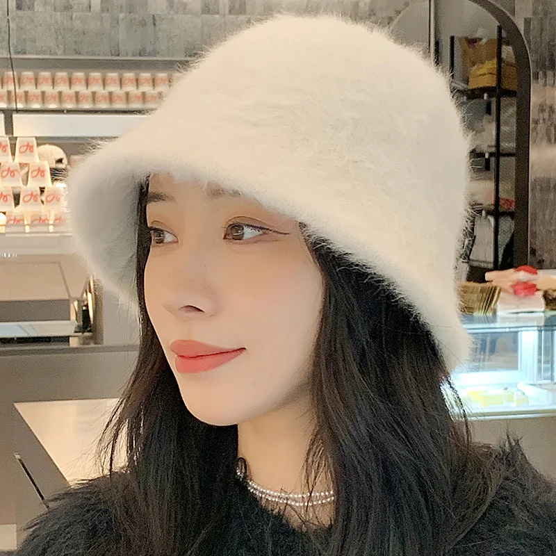 New Fashion Artificial Rabbit Fur Bucket Hat Women Autumn Winter Warm Thickened Fisherman Hat Panama Plush Basin Hat Lady Cap