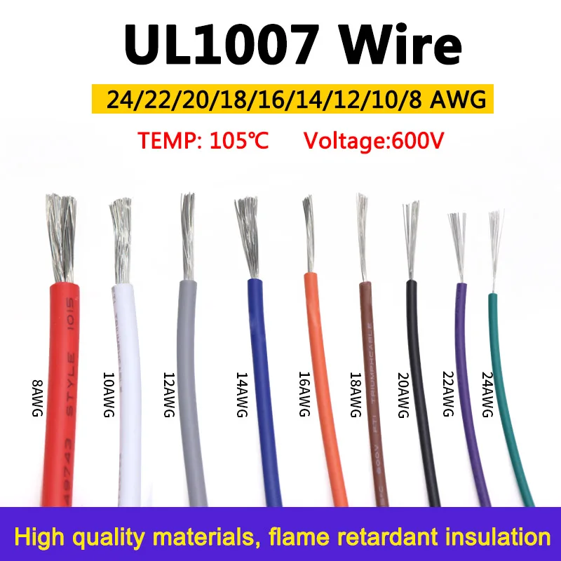 1M UL1015 Wire 24 22 20 18 16  14 12 10 8 AWG Cable High Temperature Resistant Flexible Silicone Electronic Copper Wire 600V