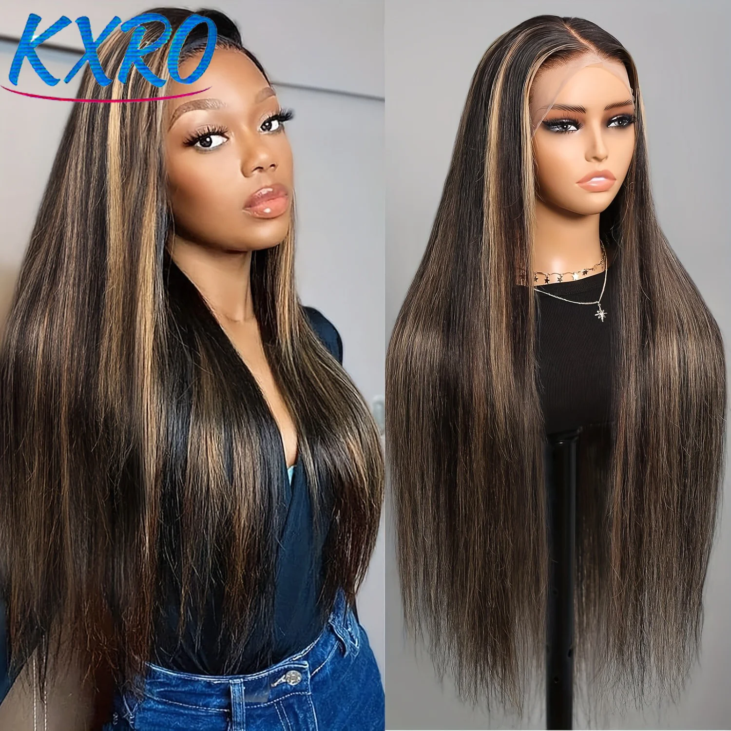 Perruque Ombrée 4/27 avec Mèches, Cheveux Humains, Sans Colle, Lisses, Ondulés, Blond Miel, Ondulations Profondes, Bouclées