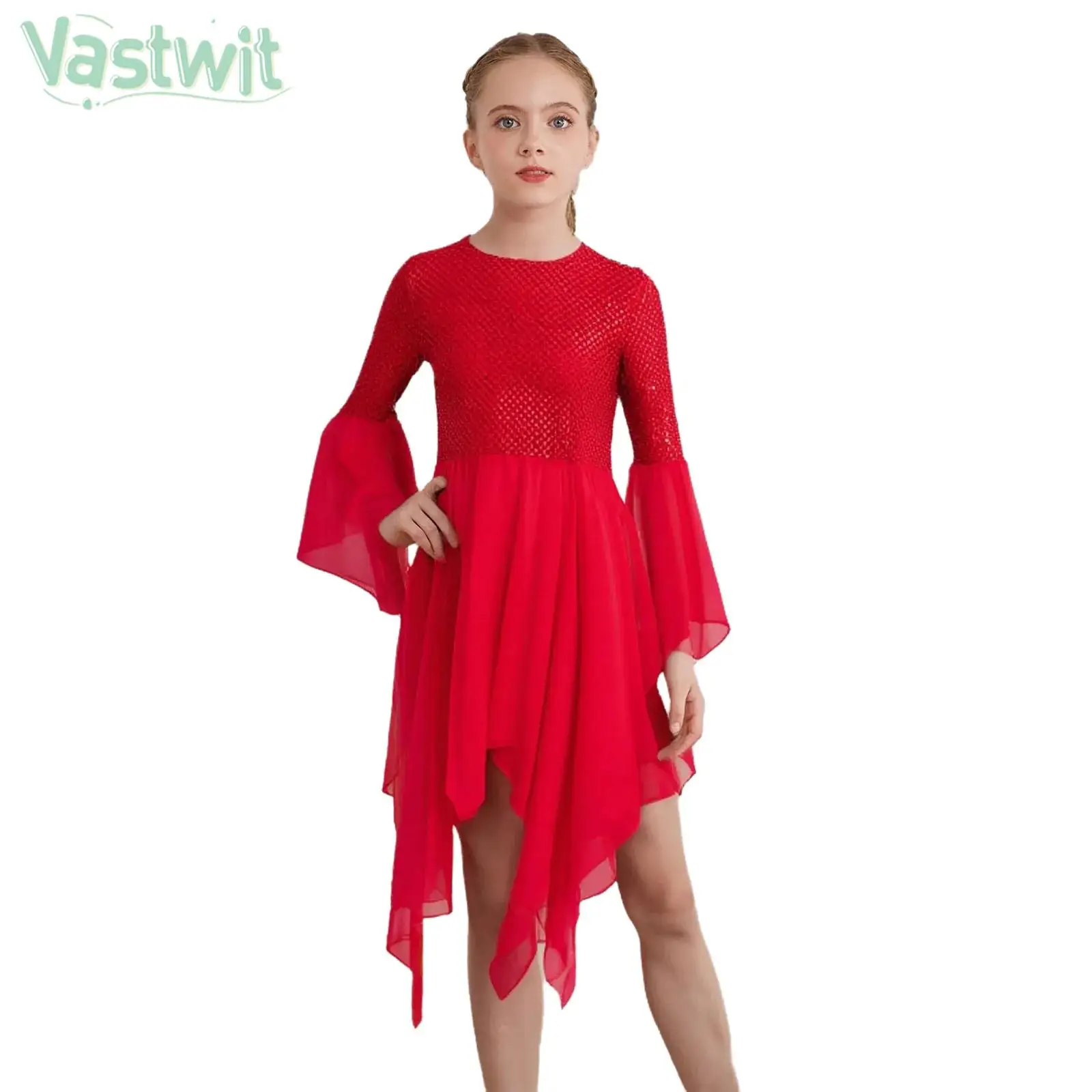 

Girls Flared Sleeve Shiny Sequins Modern Lyrical Dance Tunic Dress Church Choir Worship Liturgical Dancing Performance Costume