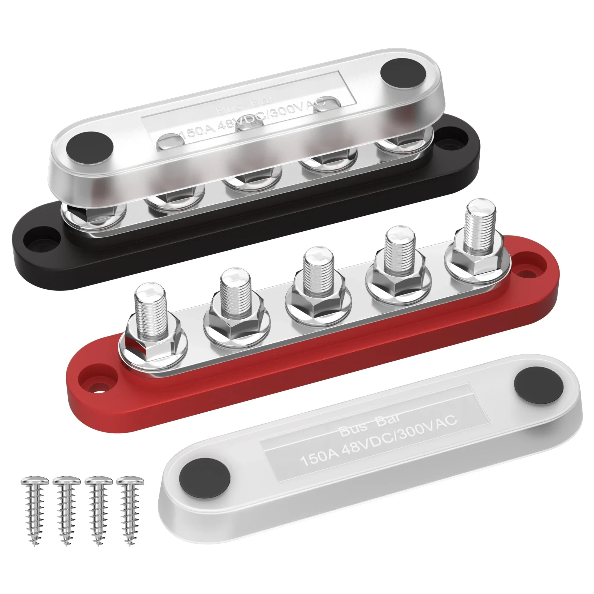 Blok rozdzielczy zasilania 12V z osłoną, 5 x 1/4" zaciski śrubowe, blok terminalowy, maks. 150A 48VDC, dodatni i ujemny, do zastosowań motoryzacyjnych.