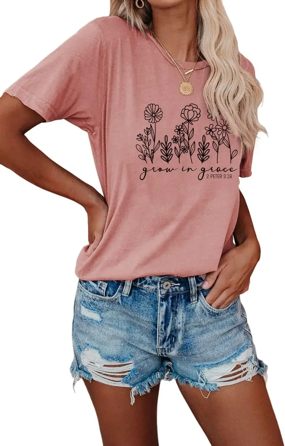 Women Grow in Grace Plant Pattern Summer T-Shirt