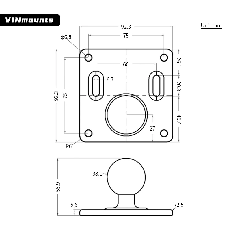 VINmounts Aluminum 1.5-Inch Ball Mount Base,75X75mm VESA Standard Hole Distance Base, Compatible with RAM 1.5-Inch Ball Mount B
