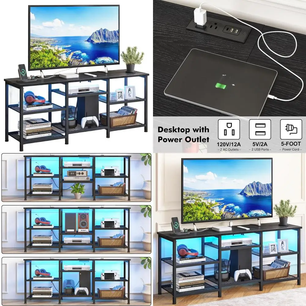 

Черная подставка для телевизора 55 с регулируемыми полками, розеткой, светодиодной подсветкой и открытым хранилищем для развлечений в гостиной и спальне.