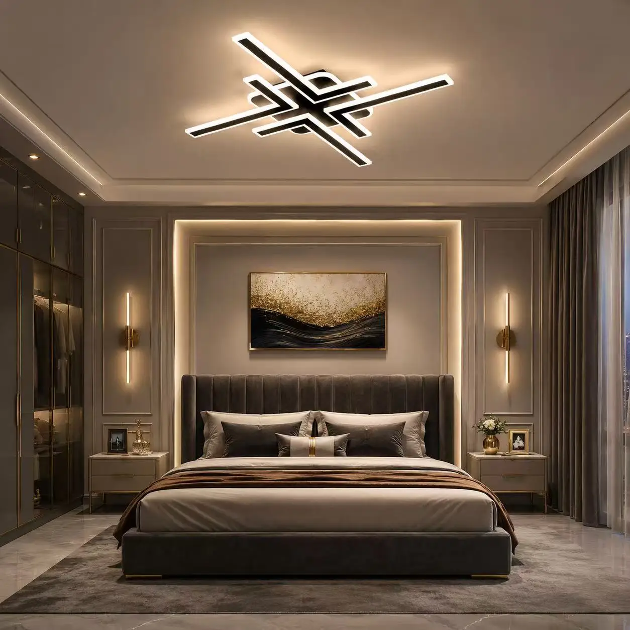 Minimalist style cross-linear LED ceiling light with 3 color-changing geometric shapes, embedded lighting fixture, modern home d