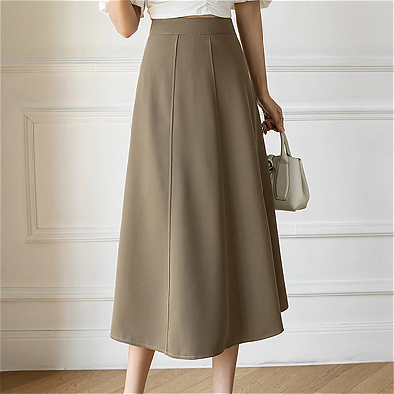 Seoulish 하이 웨이스트 대형 스윙 A라인 스커트, 우아한 단색 오피스 레이디 캐주얼 패치워크 여성 스커트, 2024 가을 신상