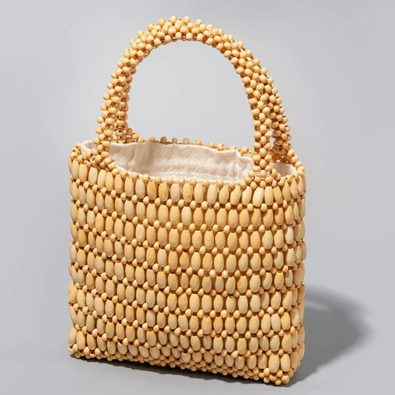 

New Color Contrasting Beaded Women's Handwoven Handbag, Women's Seaside Resort Wooden Bead Large Capacity Tote Bag