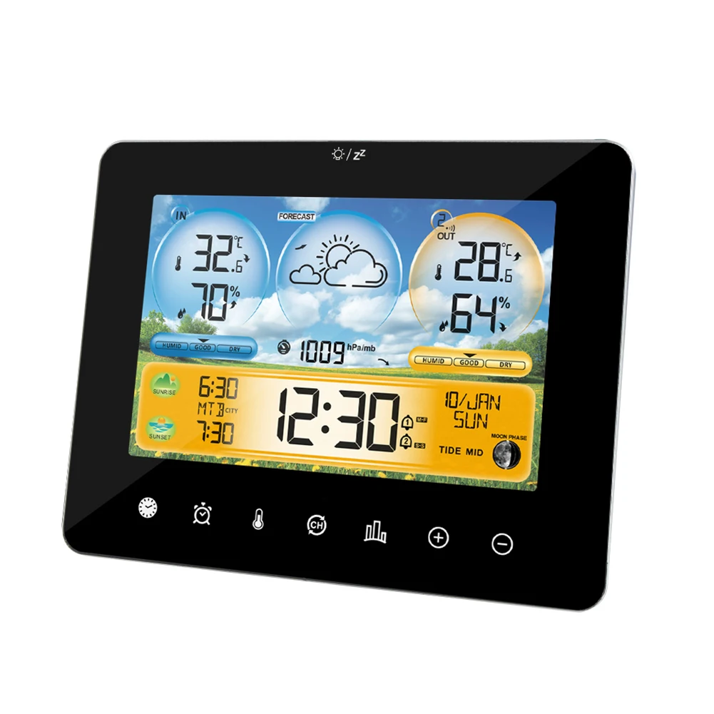 Multi-function Alarm Clock Touchscreen Weather Station Sunrise/Sunset/Temperature/Humidity Monitor With Wireless Outdoor Sensor