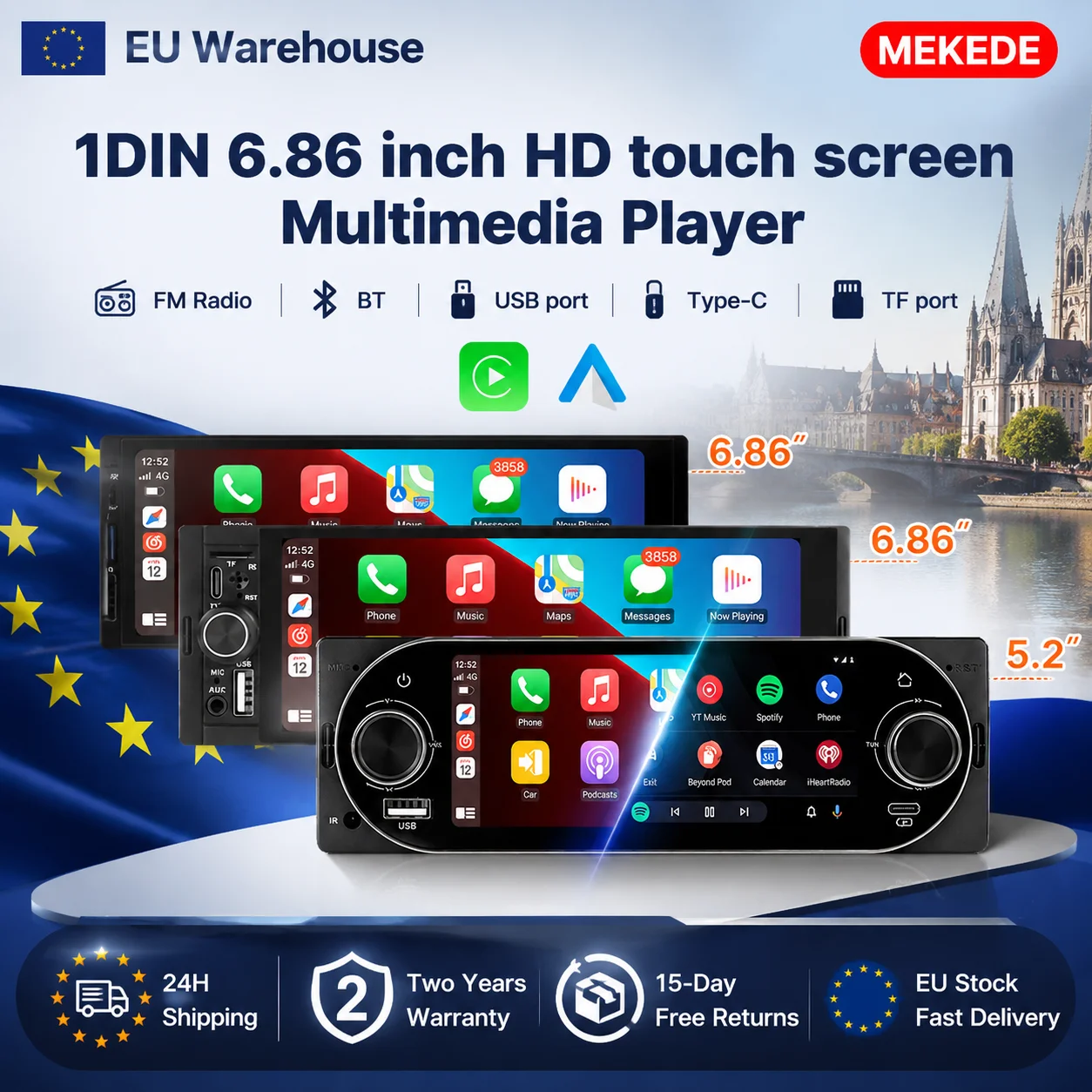 MEKEDE, disponibile in magazzino nell’UE, autoradio multimediale 1DIN con schermo da 5,2/6,88 pollici, lettore MP5, CarPlay wireless, Android Auto, Bluetooth, radio FM, USB, ingresso AUX, lettore di