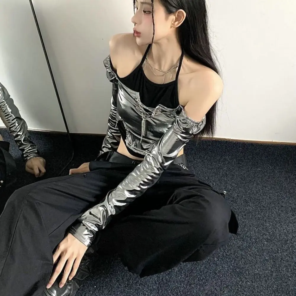 

Fashion Glossy Long Sleeve T Shirt Pullover Patchwork Fake Two-pieces Shirts Personality Ins Y2K Slim Crop Tops Streetwear
