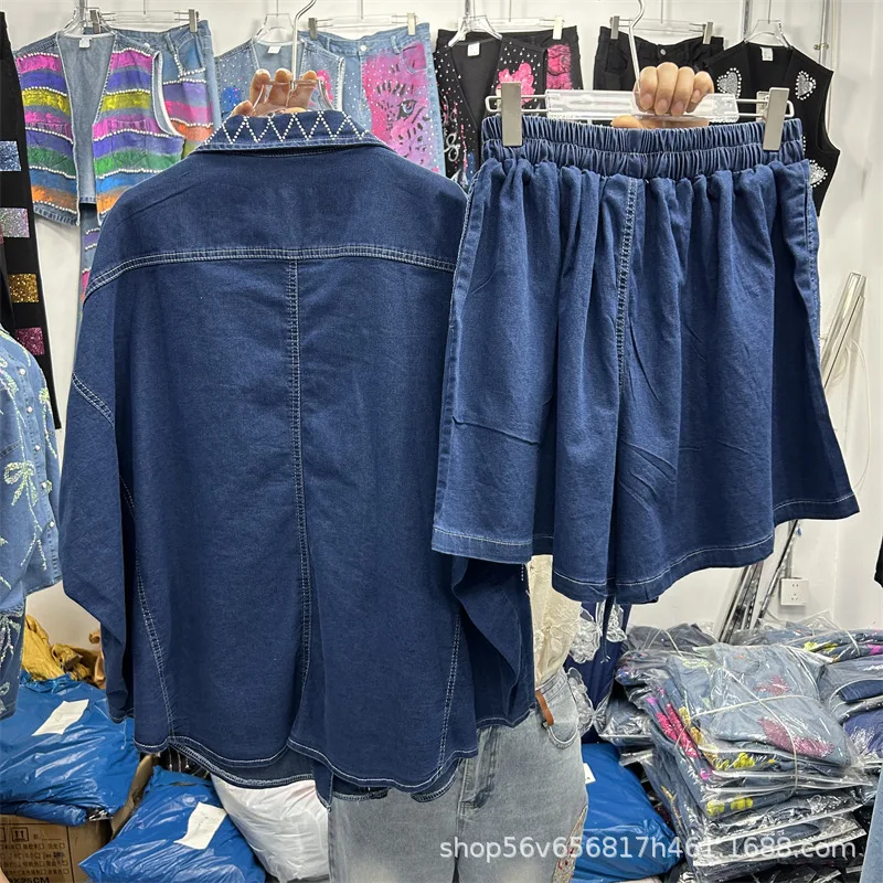 Rainbow Diamonds Beaded Plaids Drilling Denim Shirt Jeans Blouses Rhinestones Tops+Elastic High Waist Wide Legs Shorts 2Pcs Set