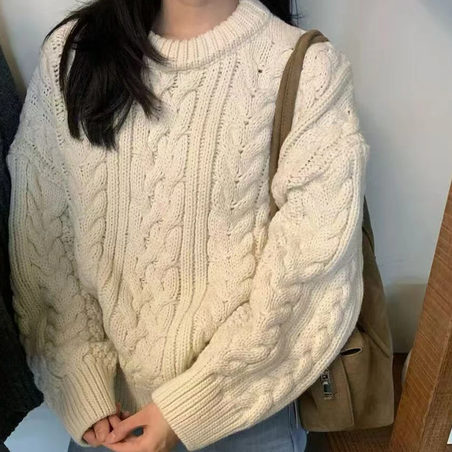 เสื้อไหมพรมถักทรงหลวม แขนยาว ผ้าผสมขนสัตว์และฝ้าย สวมใส่สบาย เหมาะสำหรับฤดูหนาว