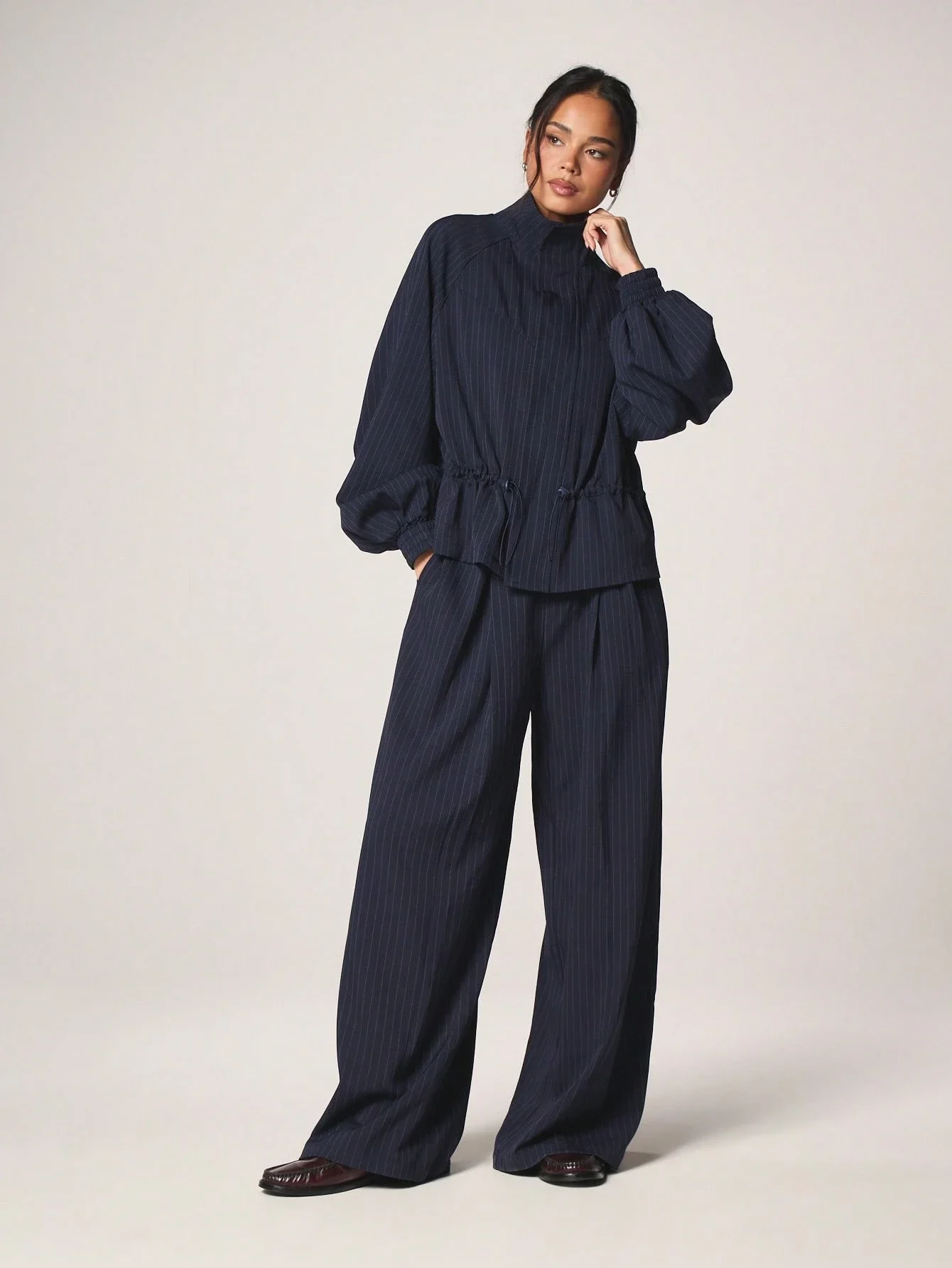 

Women Pinstripe High Rise Wide Leg Pants With Pleated Details And Side Pockets Office Professional Work