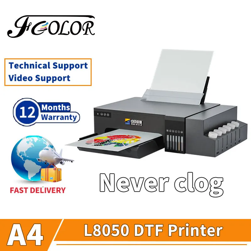 Fcolor 2024 Smart Silent Never Clog DTF Printer Easy to Use Epson L8050 Direct to Film A4 DTF Printer on T-shirt