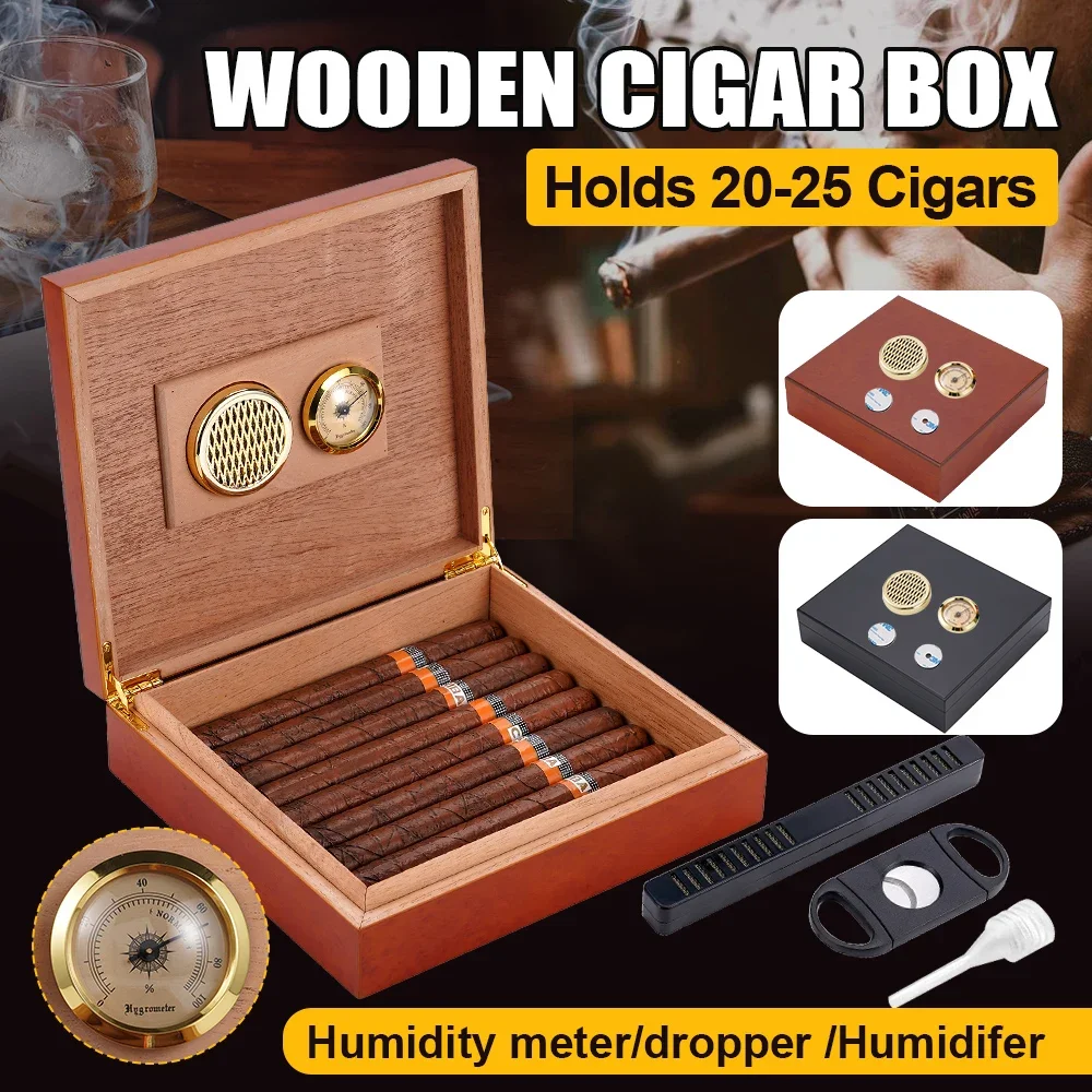 Humidor de madera de cedro, caja de puros de viaje, 20 unidades, estuche portátil para humidificador de puros, almacenamiento de accesorios para fumar con humidificador y higrómetro
