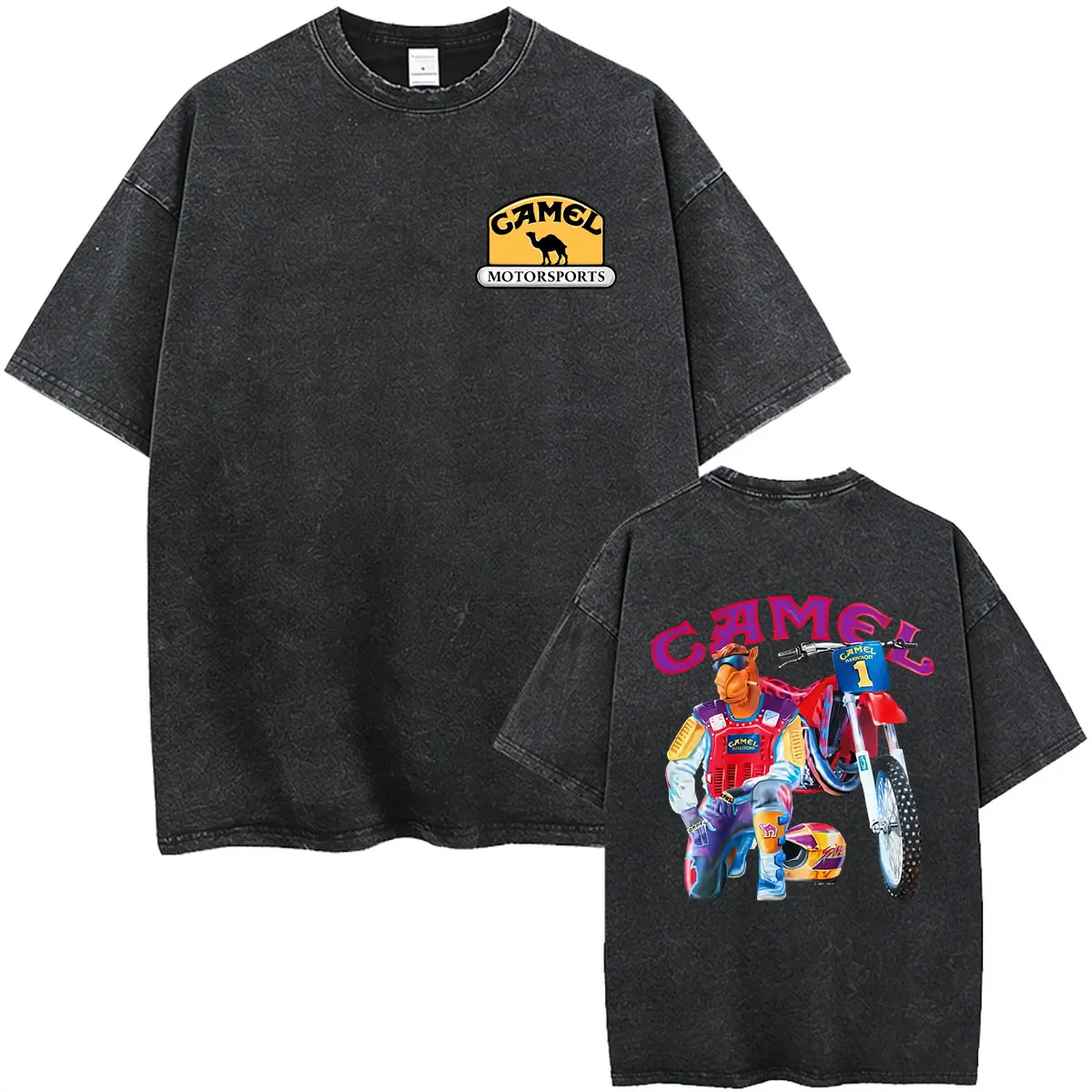Camel Motorcycle Washed T-Shirt Herren Damen Kleidung Mode Hip Hop Oversized Rundhals-T-Shirts Unisex Casual Vintage Streetwear – Detail 4