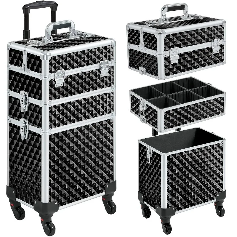 

3 in 1 Cosmetic Case Professional Makeup Suitcase Large Aluminum Cosmetic Trolley with Swivel Wheels and Key, Diamond Pattern