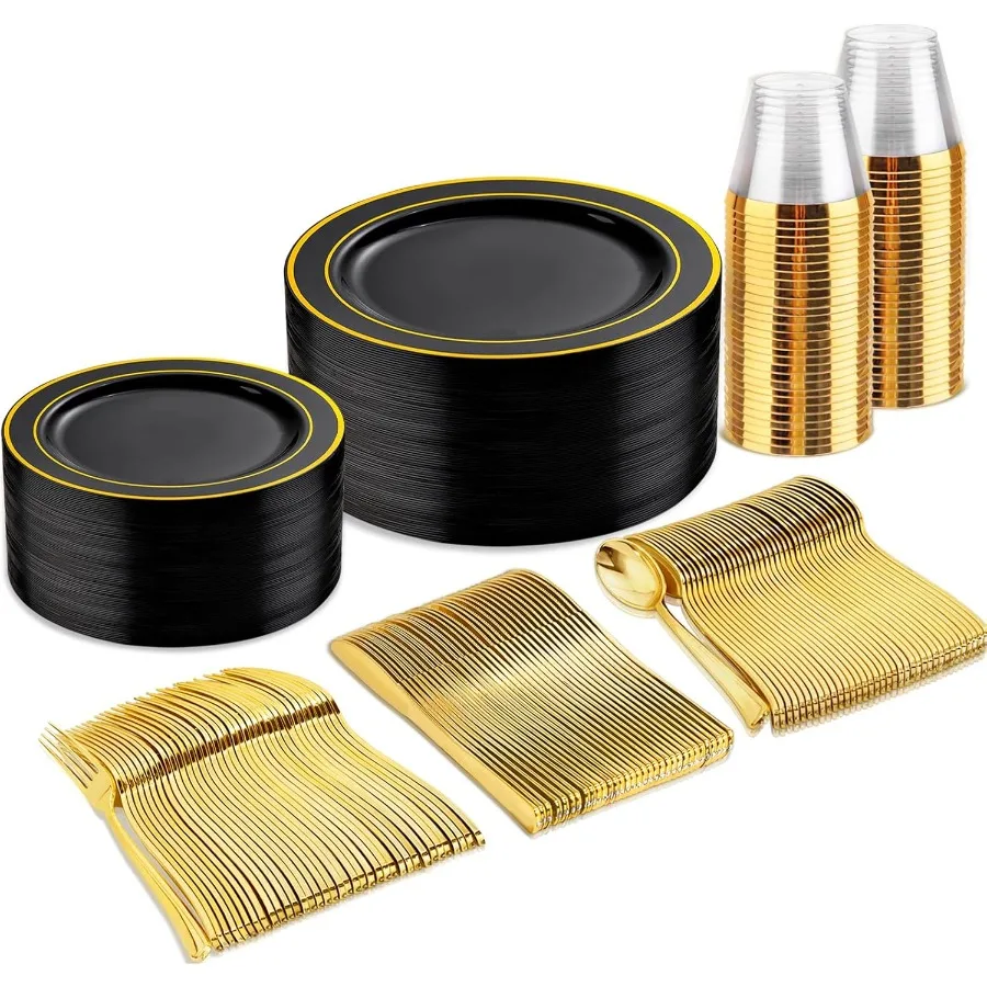 

150 Pieces Black and Gold Disposable Dinnerware Set for 25 Guests Including 25 Dinner Plates 25 Dessert Plates 25 Spoons 25 For