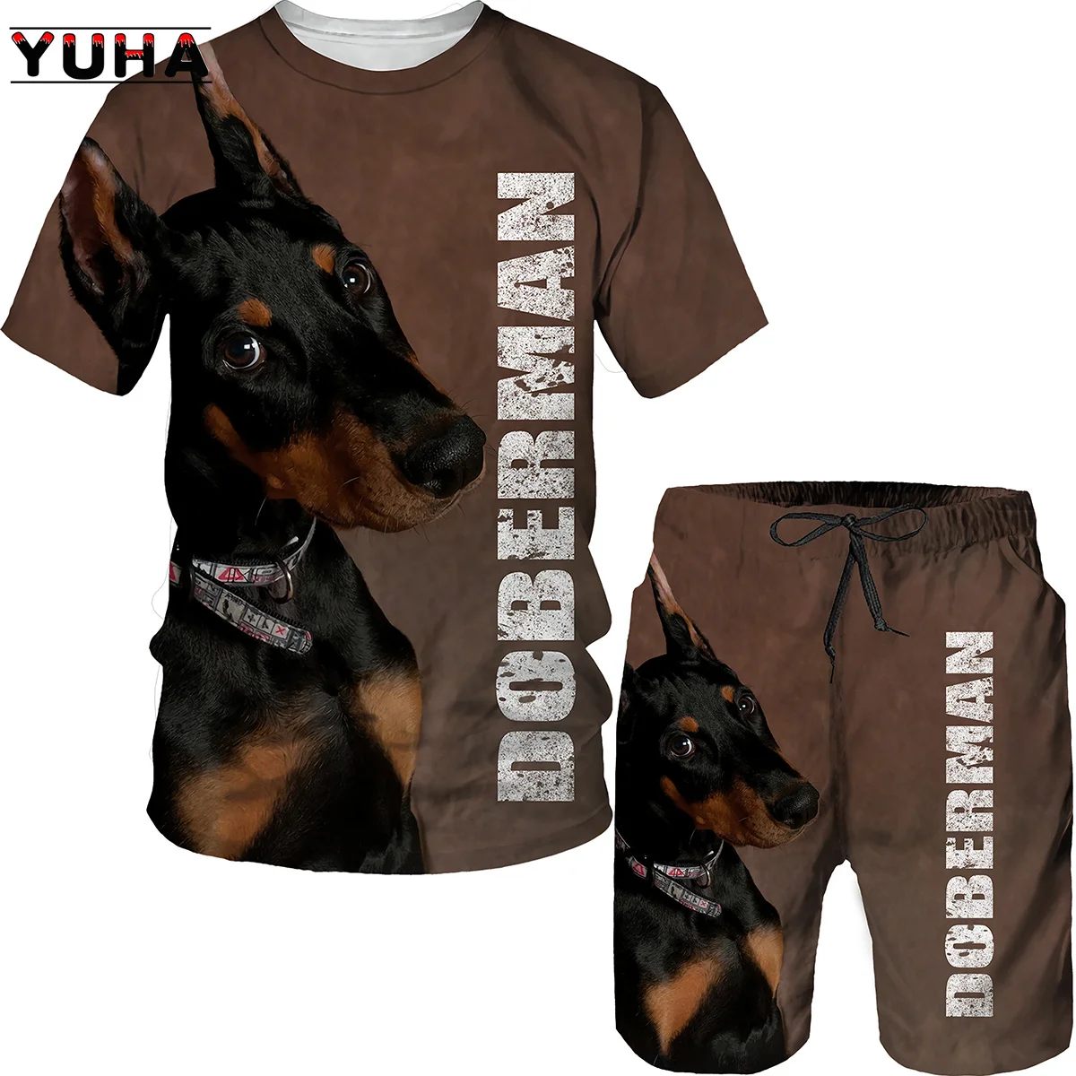 YUHA, Summer Doberman 3D Printed T Shirt and Men\'s T-shirts Shorts Fashion Sportswear Tracksuit O Neck Short Sleeve Mens Clothes