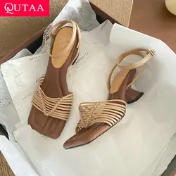 QUTAA 2024 Women Sandals Genuine Leather Med Heels Square Toe Casual Working Ankle Strap Shoes Woman Summer  Size 34-40