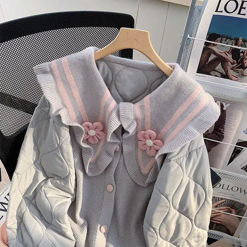 KUSAHIKI Sweater Patchwork Chic Flower Peter Pan Collar Parka Coat Causal 2023 Autumn Winter New Korean Women Parkas Jacket